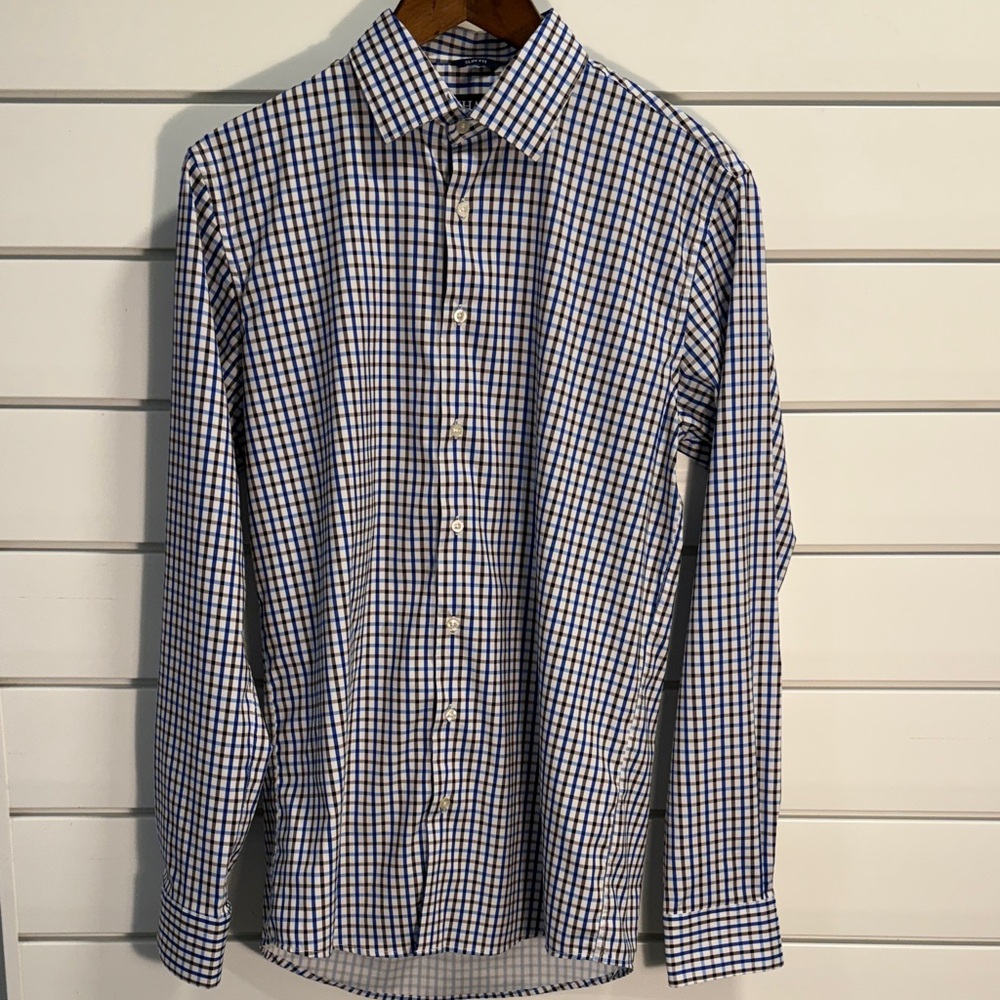 Chaps Men's Checkered Blue and White Shirt